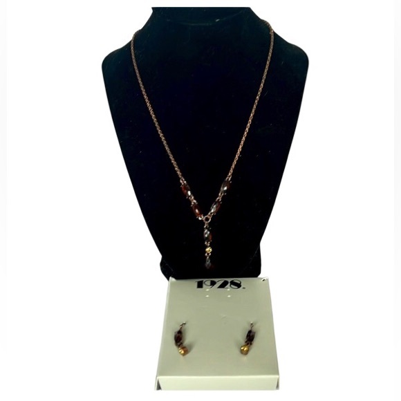 1928 Brown Beaded Necklace and Earrings set. NWT - Picture 1 of 7